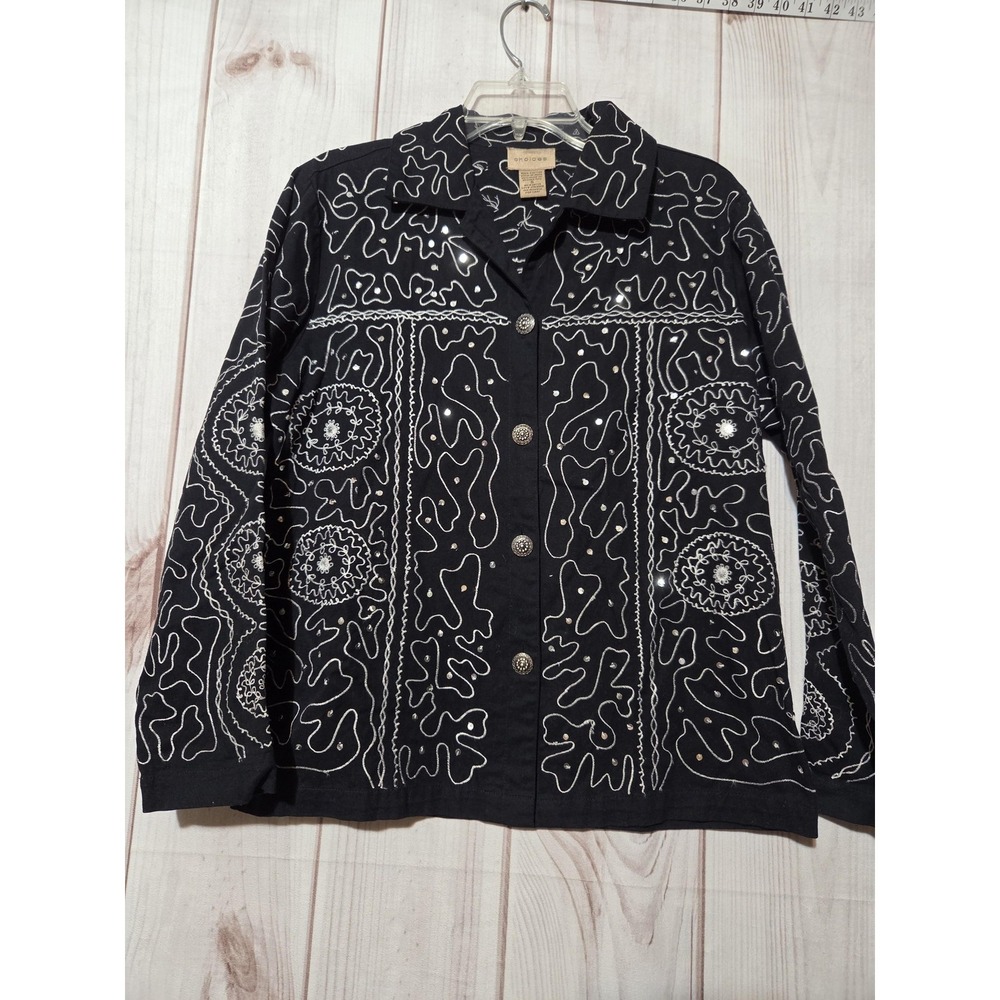 Choices Jacket‎ Womens Small Black Embroidered Sequin Boho Art Button Front